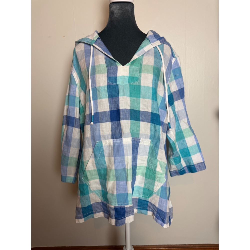 Tommy Bahama madras Plaid 100% Linen Hoodie Pullover Top shirt Beachy coastal M